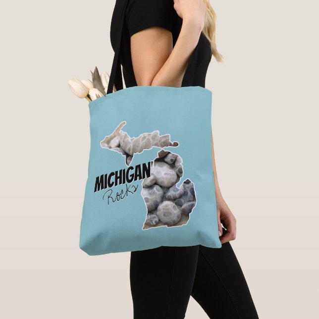 Tote Bag Silhouette Michigan Remplie De Pierres Petoskey (De près)