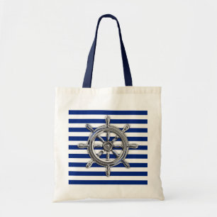 Tote Bag Silver Chrome Wheel on Nautical Stripes