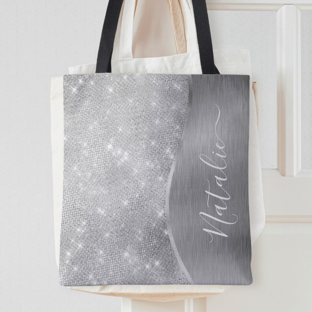 Tote Bag Silver Glitter Glam Bling Personalized (Créateur téléchargé)