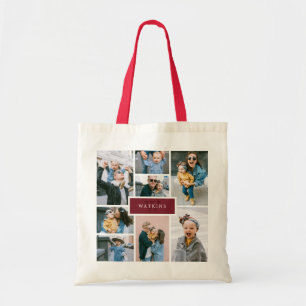 Tote Bag Simple Family Photo Collage Bourgogne Monogramme