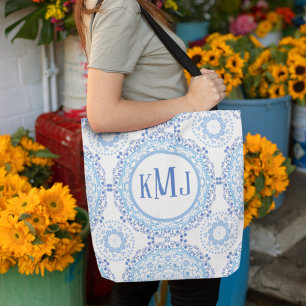 Tote Bag Simple Floral Navy bleu Monogramme Mandala Motif
