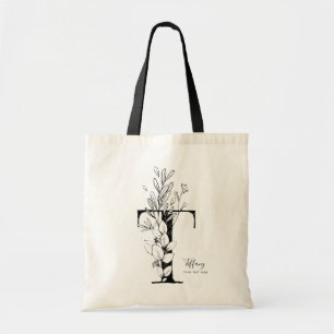 Tote Bag Simple lettre noire et blanche T rustique fleurie