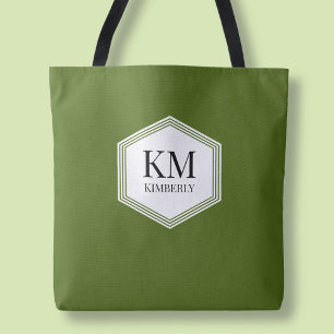 Tote Bag Simple Monogramme Vert Nom Personnalisé Moderne