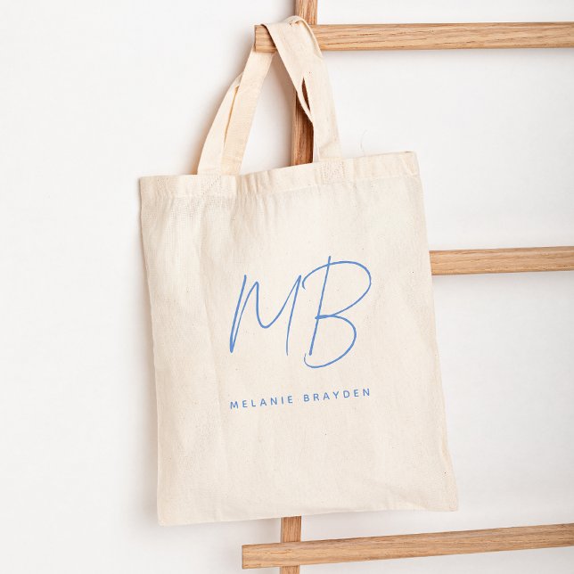 Tote Bag Simple Pastel Bleu Minimaliste Deux Monogrammes No (Créateur téléchargé)