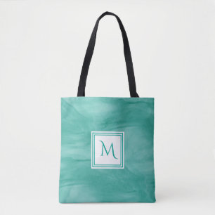 Tote Bag Simple Turquoise Vert subtil marbre Moderne Monogr