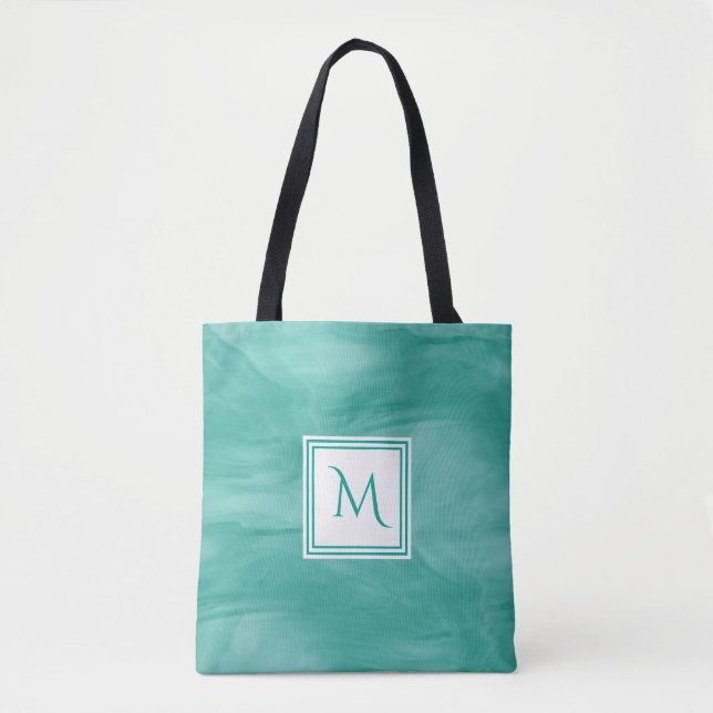 Tote Bag Simple Turquoise Vert subtil marbre Moderne Monogr (Devant)