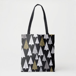 Tote Bag Simple winter pattern. Black background. Gold, sil