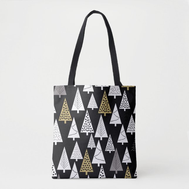 Tote Bag Simple winter pattern. Black background. Gold, sil (Devant)