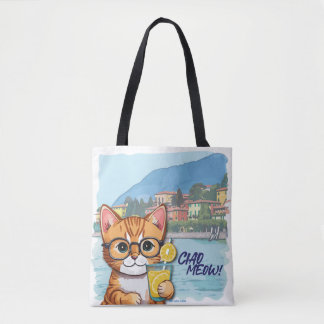 Tote Bag "Sip, Purr & Wander" Belle table orange en vacance