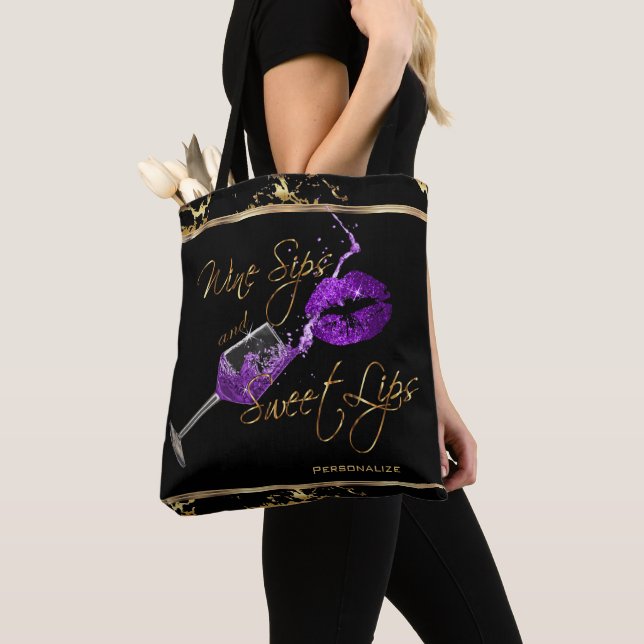 Tote Bag Sips de vin et lèvres pourpres sucrées - Marbre (De près)