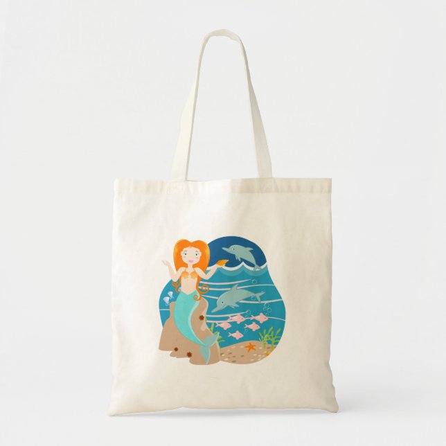 Tote Bag Sirène et dauphins sous la mer fête d'anniversaire (Devant)