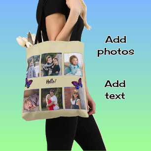 Tote Bag Six photos texte personnalisé papillons beige