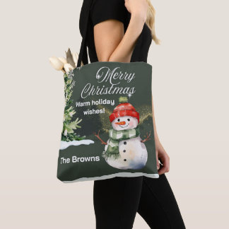Tote Bag Snowman and Sparkling Tree Christmas Scene