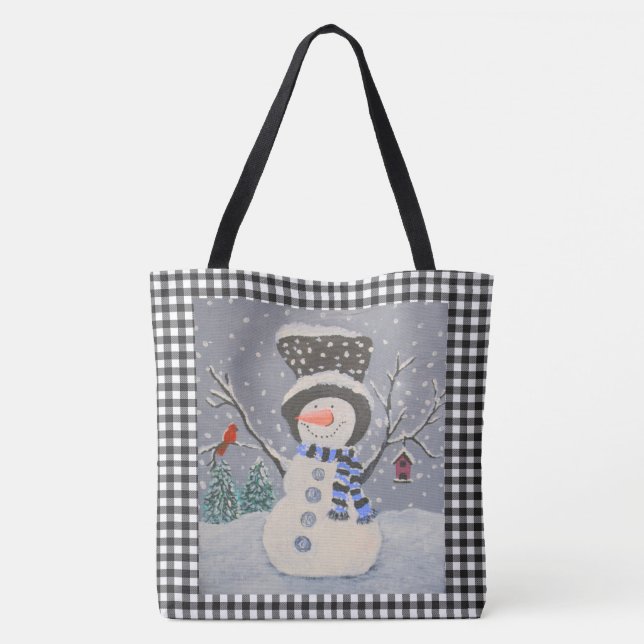 Tote Bag Snowman mignon Avec Cardinal Sur Buffle Noir Plaid (Dos)