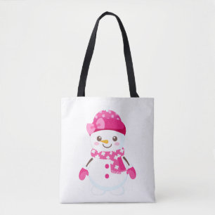 Tote Bag Snowman porte un Casquette rose et un écharpe