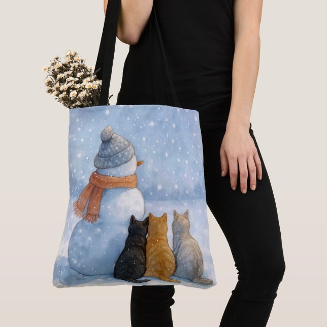Tote Bag Snowmen and Cats In a Snowy Field (De près)