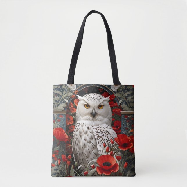 Tote Bag Snowy Owl Red Poppy Flowers (Devant)