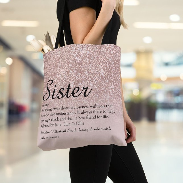 Tote Bag Sœur Définition Script Rose Pailleté (Sister Definition Script Rose Gold Glitter Tote Bag)