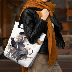 Tote Bag Sorcière et chat avec lune de récolte et ravens
