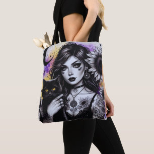 Tote Bag Sorcière gothique céleste et chat noir