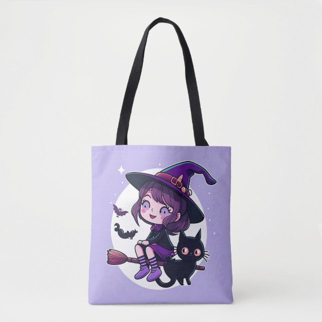Tote Bag Sorcière mignonne avec une chambre Chat Noir Chat  (Devant)