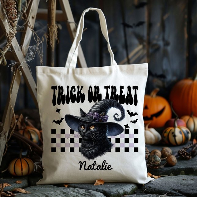 Tote Bag Sorcière Personnalisée Chat Noir Trick Ou Treat Ca (Créateur téléchargé)
