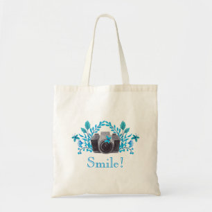 Tote Bag Souriez ! Caméra Avec Feuilles Bleus Et Papillons
