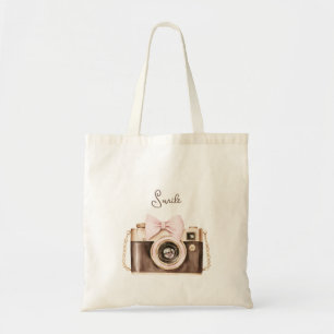 Tote Bag Sourire à l'appareil photo marron avec un nœud ros
