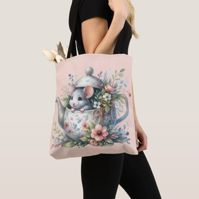 Tote Bag Souris mignonne en théière florale Illustration (De près)