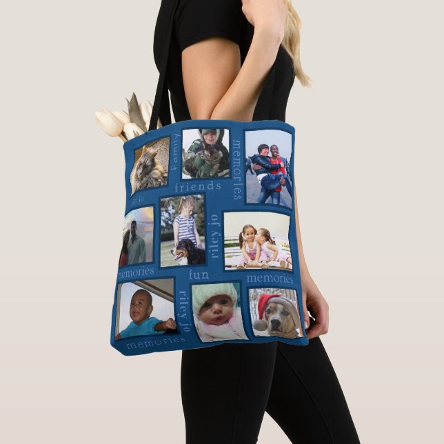 Tote Bag Souvenirs Classic Blue Trendy 18 Photo Collage (De près)