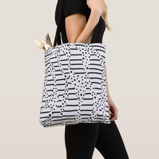 Tote Bag Spots et bandes 2 en noir et blanc (De près)