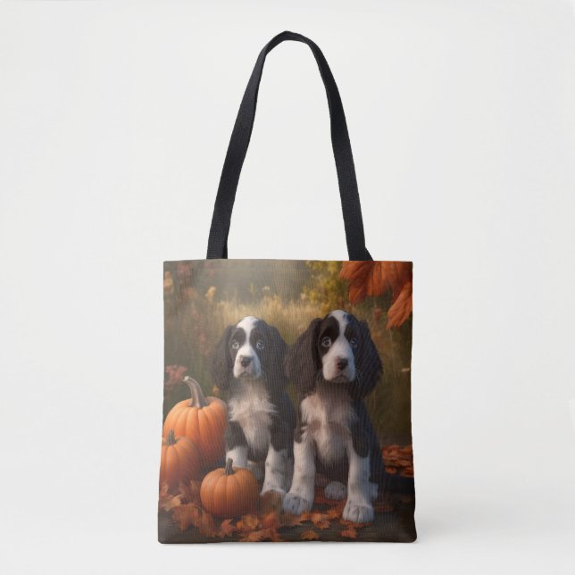 Tote Bag Springer Spaniel Chiot Automne Citrouille de plais (Devant)