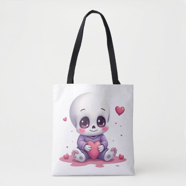 Tote Bag Squelette Mignon Tenant un Cœur (Devant)
