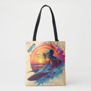 Tote Bag Squelette Surfer Vibrant Bleu violet rose Tropical