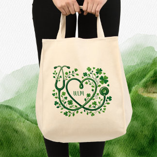 Tote Bag St Pattys Heart Clover Stethoscope Nurses Initials