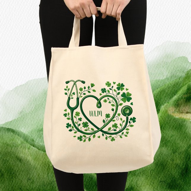 Tote Bag St Pattys Heart Clover Stethoscope Nurses Initials (Créateur téléchargé)