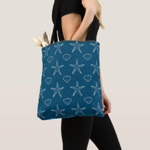 Tote Bag Starfish Seashell Croquis Motif Sur Ocean Blue