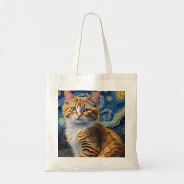 Tote Bag Starry Night Art with a Cat (Devant)