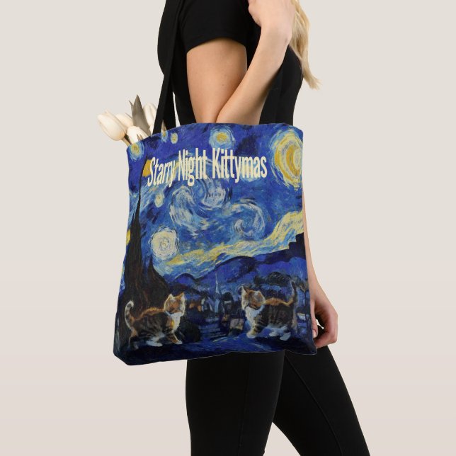 Tote Bag Starry Night Cat Lovers Festive Christmas (De près)