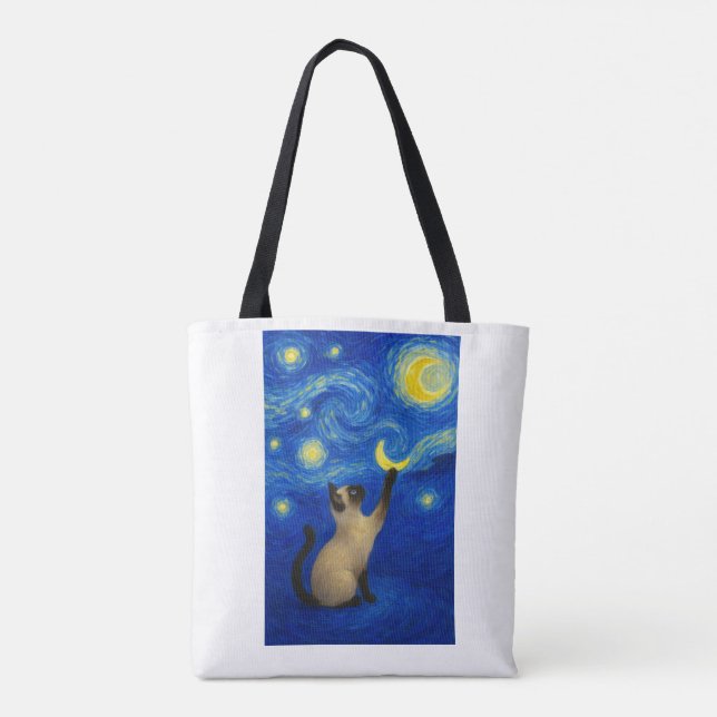 Tote Bag Starry Night Siamese Cat Moon  (Dos)