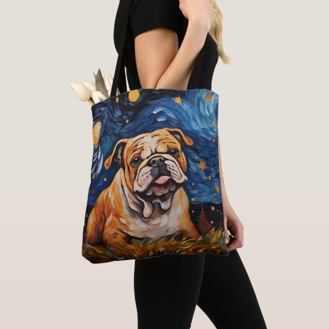 TOTE BAG STARRY NIGHT THEMEME BULLDOG CHIEN (De près)