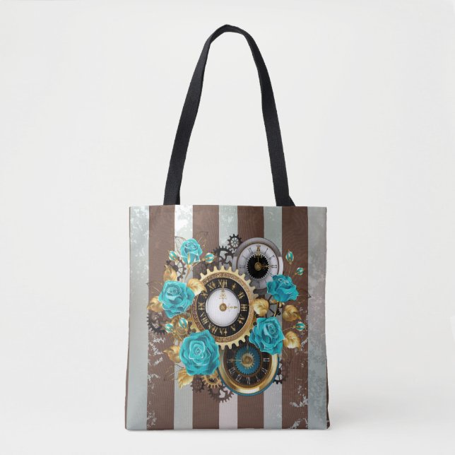 Tote Bag Steampunk Clock and Turquoise Roses on Striped (Devant)