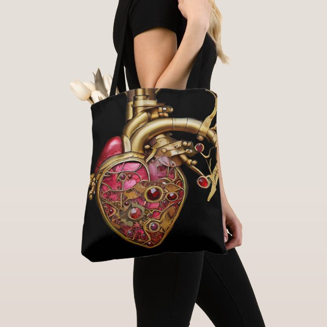 Tote Bag Steampunk Coeur Anatomique rubis et engrenages (De près)