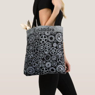 Tote Bag Steampunk Silver Zinc Gears Nom personnalisé