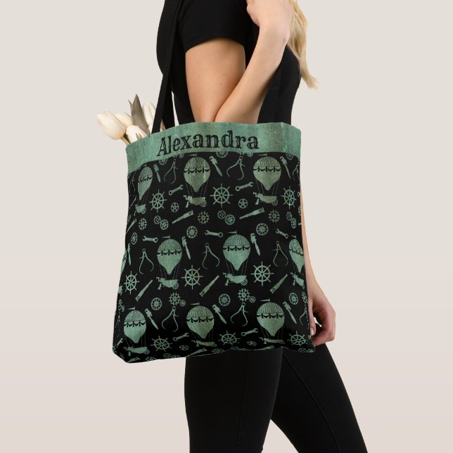 Tote Bag Steampunk Verdigris Bronze Balloons Nom personnali (De près)