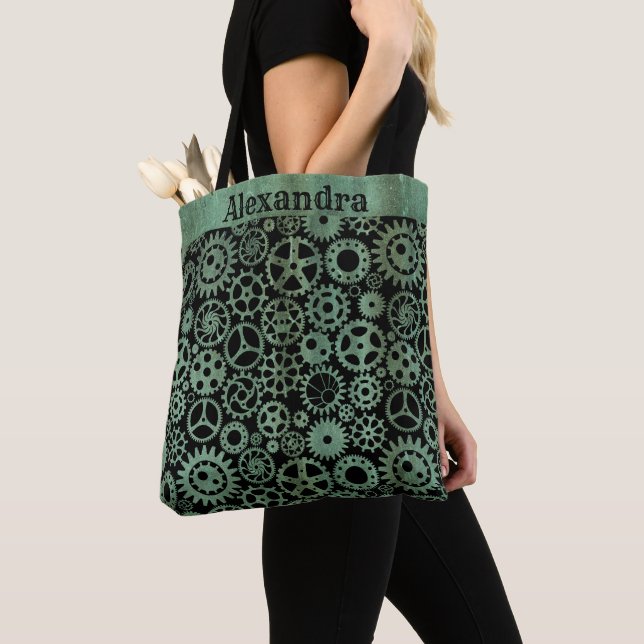 Tote Bag Steampunk Verdigris Bronze Gears Nom personnalisé (De près)