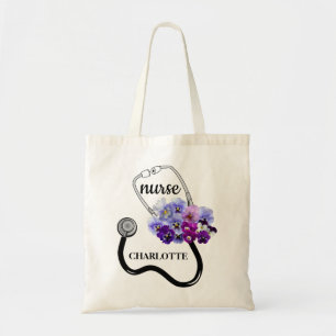 Tote Bag Stethoscope Floral Pansy bleu Infirmière