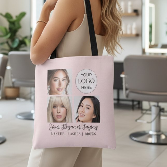 Tote Bag Studio de Maquillage Photo Logo Script Rose Pâle (elegant blush pink script logo 3 photo customer swag bag for makeup beauty salon loyalty gift promo)