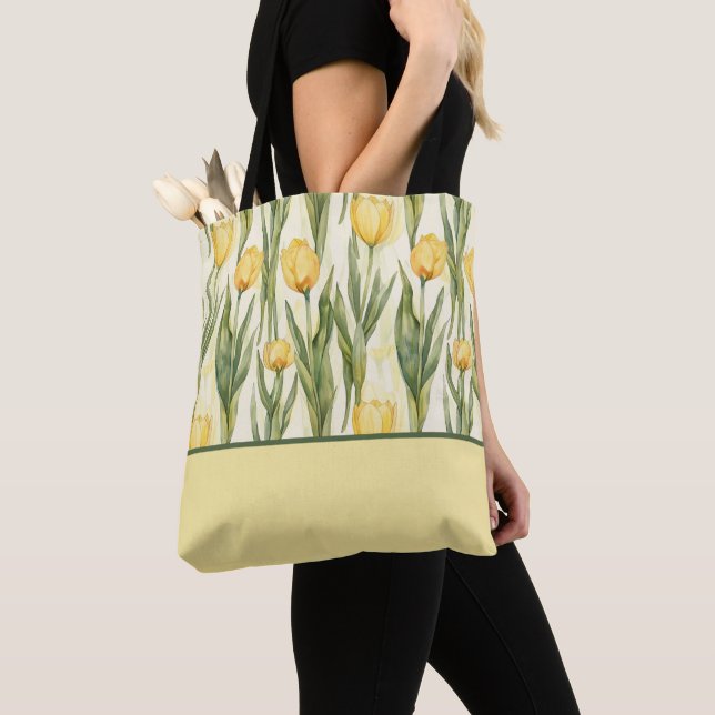 Tote Bag Style Aquarelle Tulipes Jaunes, Bloc de couleurs (De près)