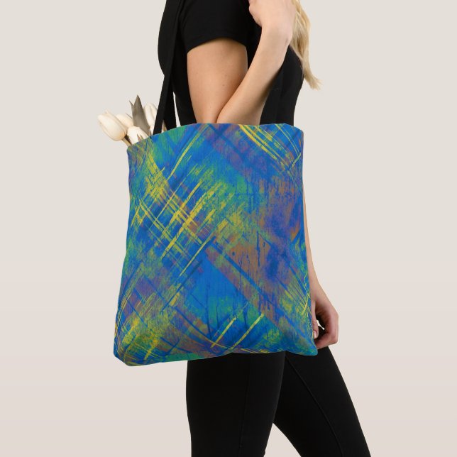 Tote Bag Style désordonné Chèque Plaid Bleu, vert, jaune (De près)